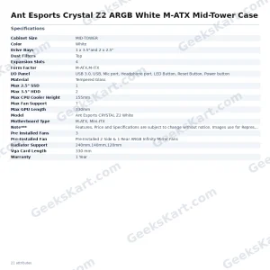 Ant Esports Crystal Z2 ARGB White M-ATX Mid-Tower Gaming Case