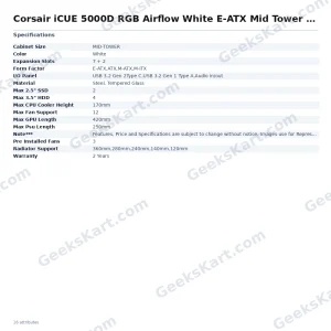 Corsair iCUE 5000D RGB Airflow White E-ATX Mid Tower Case
