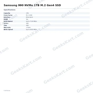 Samsung 990 1TB NVMe M.2 PCIe Gen4 SSD (MZ-V9V1T0BW)
