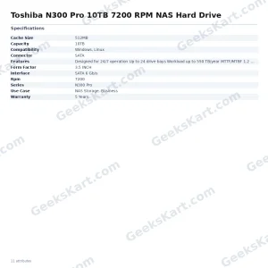 Toshiba N300 Pro 10TB NAS Hard Drive — 7200RPM SATA for High-Intensity Workloads