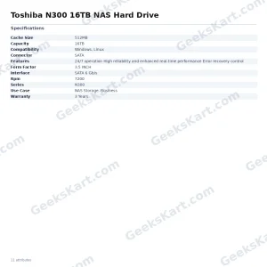 Toshiba N300 16TB NAS Hard Drive (HDWG51GAZSTA)