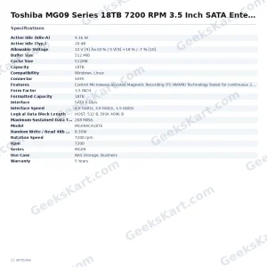 Toshiba MG09 Series 18TB 7200 RPM SATA Enterprise Hard Drive (MG09ACA18TE)