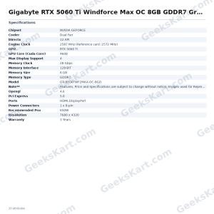 Gigabyte RTX 5060 Ti Windforce Max OC 8GB GDDR7 Graphics Card