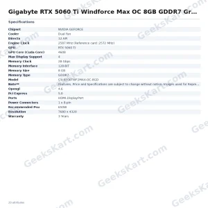 Gigabyte RTX 5060 Ti Windforce Max OC 8GB GDDR7 Graphics Card
