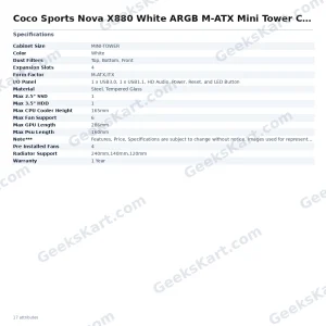 Coconut Nova X880 White ARGB M-ATX Mini Tower Case with 4 Pre-Installed Fans