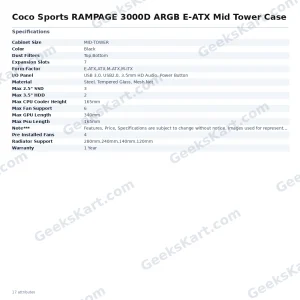 COCONUT RAMPAGE 3000D ARGB E-ATX Mid Tower Case – Mesh Front with 4 ARGB Fans