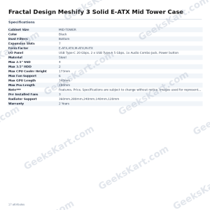 Fractal Design Meshify 3 Solid E-ATX Mid Tower PC Case (Black)