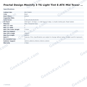 Fractal Design Meshify 3 TG Light Tint E-ATX Mid Tower Case (Black)