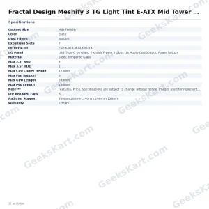 Fractal Design Meshify 3 TG Light Tint E-ATX Mid Tower Case (Black)