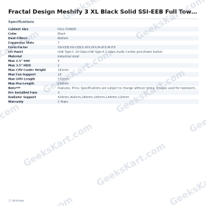 Fractal Design Meshify 3 XL Black Solid Full Tower Case (SSI-EEB, FD-C-MES3X-01)