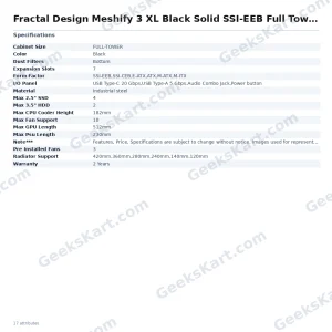 Fractal Design Meshify 3 XL Black Solid Full Tower Case (SSI-EEB, FD-C-MES3X-01)