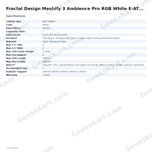 Fractal Design Meshify 3 Ambience Pro RGB White E-ATX Mid Tower Case