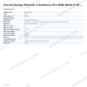 Fractal Design Meshify 3 Ambience Pro RGB White E-ATX Mid Tower Case