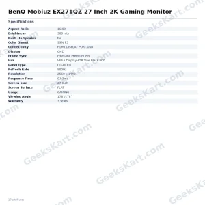 BenQ Mobiuz EX271QZ 27-Inch QD-OLED 500Hz 2K Gaming Monitor