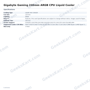 GIGABYTE Gaming 240mm ARGB AIO CPU Liquid Cooler