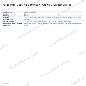 GIGABYTE Gaming 240mm ARGB AIO CPU Liquid Cooler