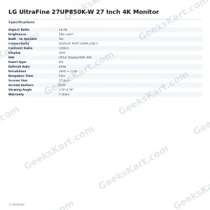 LG UltraFine 27UP850K-W 27-Inch 4K UHD IPS Monitor with USB-C & HDR400