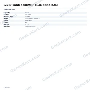 Lexar 16GB DDR5 5600MHz CL46 UDIMM Desktop RAM (LD5U16G56C46ST-BGS)
