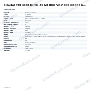 Colorful GeForce RTX 3050 Battle AX NB DUO V2-V 8GB GDDR6 Graphics Card