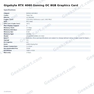 Gigabyte GeForce RTX 4060 Gaming OC 8GB GDDR6 Graphics Card
