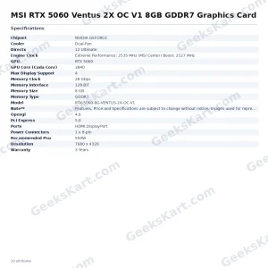 MSI RTX 5060 Ventus 2X OC V1 8GB GDDR7 Graphics Card