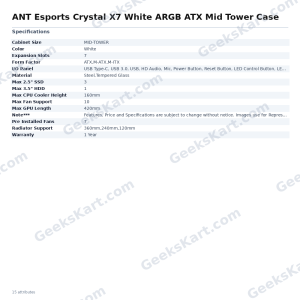ANT Esports Crystal X7 White ARGB ATX Mid Tower Case with 7 Pre-Installed Fans