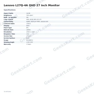 Lenovo L27Q-4A 27-Inch QHD IPS Monitor with 100Hz Refresh Rate and Full Ergonomic Stand