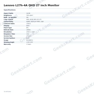 Lenovo L27h-4A 27-Inch QHD IPS Monitor with USB-C and 100Hz Refresh Rate
