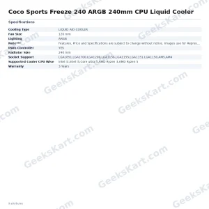 COCONUT Coco Sports Freeze 240 ARGB 240mm AIO CPU Liquid Cooler (Black)