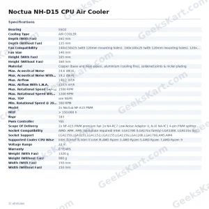 Noctua NH-D15 Dual Tower CPU Air Cooler with Dual NF-A15 140mm PWM Fans