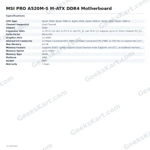 MSI PRO A520M-S Micro-ATX AM4 DDR4 Motherboard