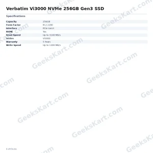 Verbatim Vi3000 256GB PCIe Gen3 NVMe M.2 2280 SSD