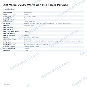 Ant Value CV100 White ATX Mid Tower Cabinet with Tempered Glass & Rainbow Fans