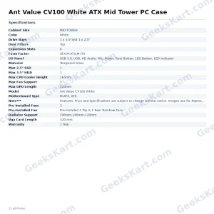 Ant Value CV100 White ATX Mid Tower Cabinet with Tempered Glass & Rainbow Fans