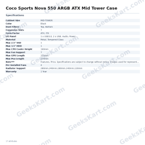 Coconut Nova 550 ARGB ATX Mid Tower Case – Mesh Front Panel with 4 ARGB Fans