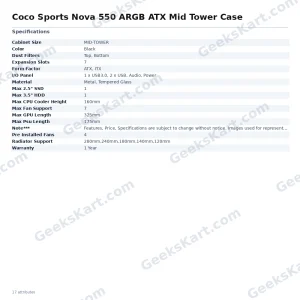 Coconut Nova 550 ARGB ATX Mid Tower Case – Mesh Front Panel with 4 ARGB Fans