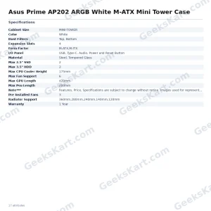 ASUS Prime AP202 ARGB White Micro-ATX Mini Tower Case with Curved Tempered Glass