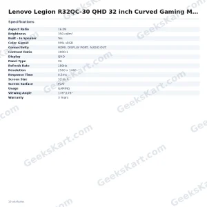 Lenovo Legion R32QC-30 32-Inch Curved QHD Gaming Monitor (180 Hz, 0.5 ms MPRT)
