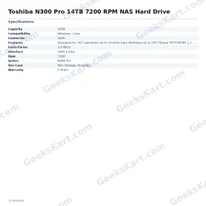 Toshiba N300 Pro 14TB NAS Hard Drive (HDWG51EAZSTB)