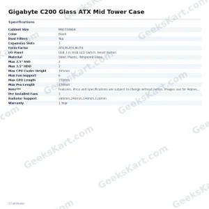GIGABYTE C200 Glass (Black) ATX Mid Tower PC Case with Tempered Glass