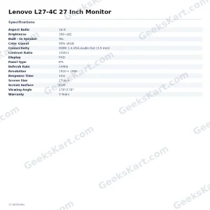 Lenovo L27-4C 27-Inch FHD IPS 144Hz Monitor with AMD FreeSync
