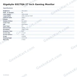 Gigabyte GS27QA 27-Inch QHD 180Hz IPS Gaming Monitor