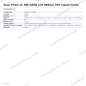 ASUS Prime LC 360 ARGB LCD 360mm AIO CPU Liquid Cooler