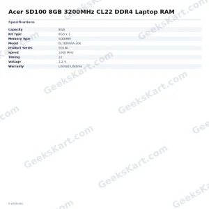 Acer SD100 8GB 3200MHz CL22 DDR4 Laptop RAM