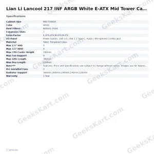 Lian Li Lancool 217 INF ARGB White E-ATX Mid Tower Case
