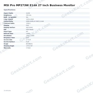 MSI Pro MP273W E14A 27 Inch Business Monitor