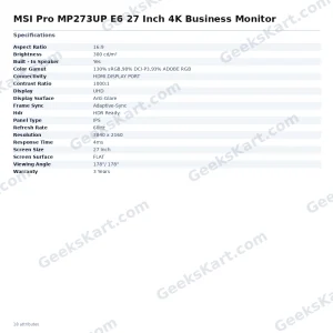 MSI Pro MP273UP E6 27 Inch 4K Business Monitor