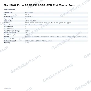 Msi MAG Pano 130R PZ ARGB ATX Mid Tower Case