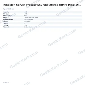 Kingston Server Premier ECC Unbuffered DIMM 16GB 5600MHz CL46 DDR5 RAM