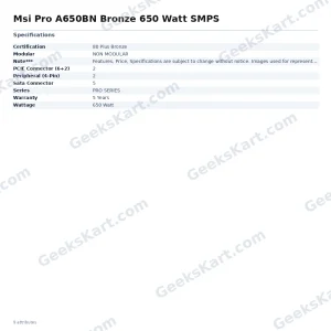 Msi Pro A650BN Bronze 650 Watt SMPS